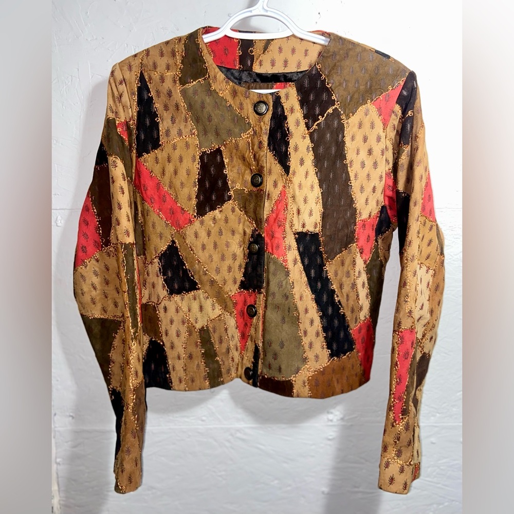 Kroshetta Patchwork Leather Suede Jacket Size Small Vintage Tan/Black/Red - Picture 2 of 7